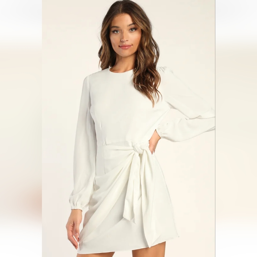 Lulu's Believe It or Knot Ivory Long Sleeve Tie-Front Skater Dress Size Medium - Picture 8 of 9